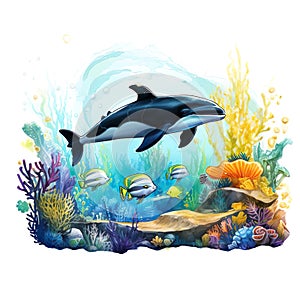 A painting of an orca in the ocean with smpe of fish swimming