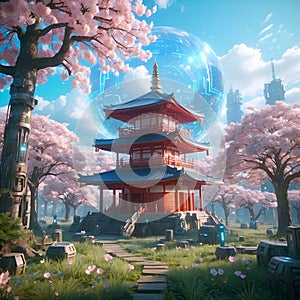 a painting of a pagoda with a picture of a pagoda and flowers Echoes of Edo The Futuristic Shrine photo