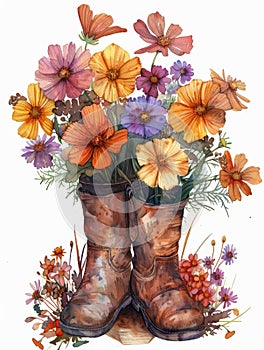 A painting of a pair of boots with flowers