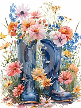 A painting of a pair of boots and flowers