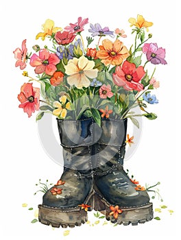 A painting of a pair of boots with flowers in them