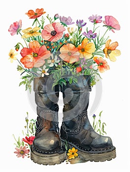 A painting of a pair of boots with flowers in them