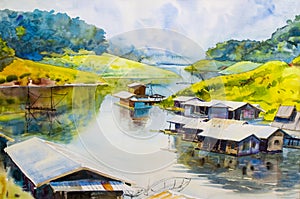 Painting on paper colorful of reservoir and fisher house.