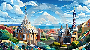 A painting of the park Guell of Barcelona, AI