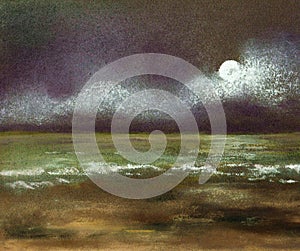 Painting in pastels of a sea and sky landscape at night.