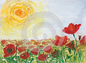 Painting pastels and watercolor on paper `Poppies and sun`