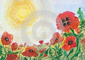 Painting pastels and watercolor on paper `Poppies under hot sun`