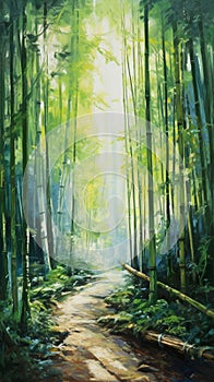 a painting of a path through a bamboo forest. generative ai