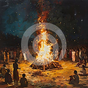 painting of people celebrating holika dehan festival