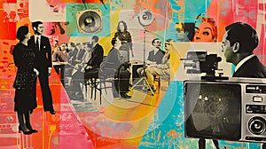 A painting of people in suits and tvs photo