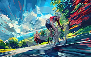 Painting of a person downhill biking with bicycle helmet on, under cloudy sky