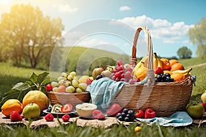 Painting of a picnic basket, fruits and various dishes photo