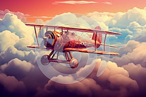 Painting of plane flying in the sky above clouds with sunset in the background. Generative AI