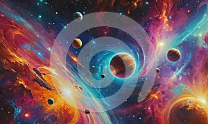 A painting of planets and stars in space.