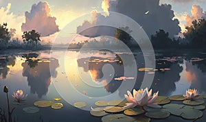 a painting of a pond with lily pads and a sunset in the background