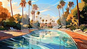 A painting of a pool surrounded by palm trees, AI
