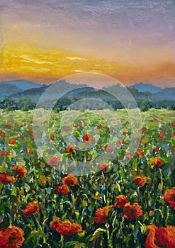 painting of a poppy field. Sunset over the red field