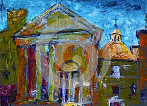 Painting of the Portico of Octavia in Rome, Italy,