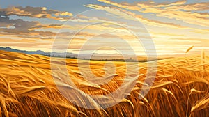 Golden Wheat Field Background At Sunset - Illustration In Oleg Shuplyak Style photo