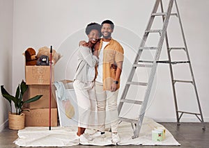 Painting, portrait or home with a black couple in DIY, renovation or house remodel with a paintbrush or roller. Teamwork