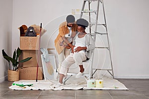 Painting, pregnancy or home with a black couple in DIY, renovation or house remodel with a paintbrush or roller