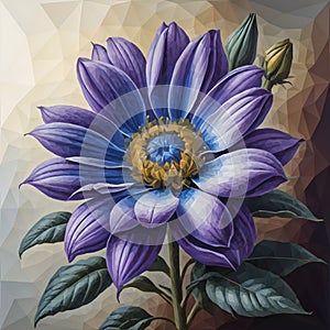 A painting of a purple flower with green leaves. Beautiful picture of purple flowers.