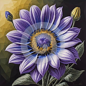 A painting of a purple flower with green leaves. Beautiful picture of purple flowers.