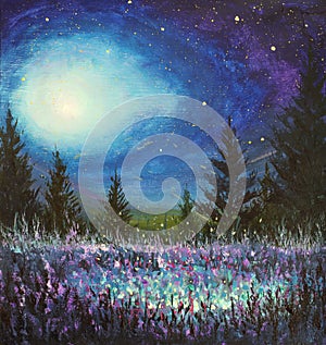painting purple night forest landscape