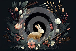 Painting of rabbit in floral vignette