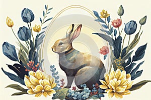 Painting of rabbit in floral vignette