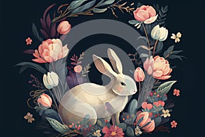 Painting of rabbit in floral vignette with copy space