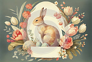 Painting of rabbit in floral vignette with copy space banner