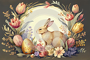 Painting of rabbit in floral vignette with golden egg