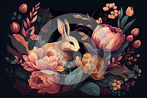 Painting of rabbit in peony flowers as vintage style card