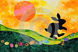 A painting of a rabbit running across a field