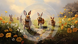A painting of rabbits running in a field of flowers