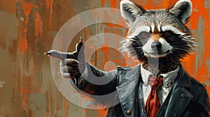 A painting of a raccoon dressed in business attire pointing at something, AI