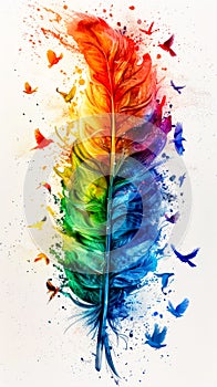 Painting of rainbow colored feather on white background with splashes of paint. AI