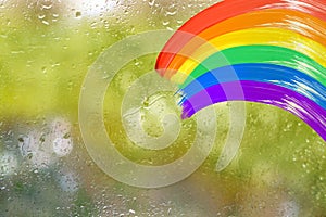 painting rainbow on glass, rain outside window, gouache, acrylic, creative development, happy childhood, symbol LGBT movement, Gay