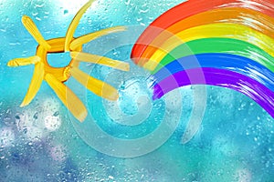 painting rainbow, sun on glass, rain outside window, creative development, happy childhood, symbol LGBT movement, Gay pride,