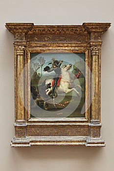 Painting by Raphael Santi `St. George fights the dragon` 1503-1505