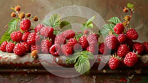 A painting of raspberries on a wooden table