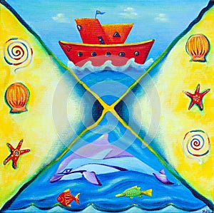 Painting of a red boat and marine life