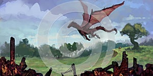 Painting of red dragon flying over a lush green field with charred building remains in foreground - digital fantasy art