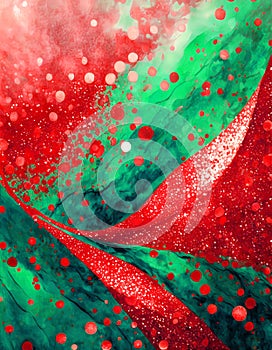 A painting of a red flower with green leaves and red and green dots. Abstract illustration