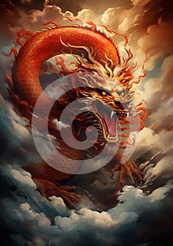 Painting of a Red and Gold Traditional Chinese Dragon roaring in the sky with dense clouds