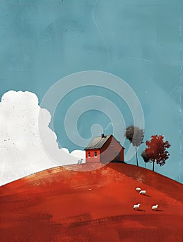 a painting of a red house on top of a hill