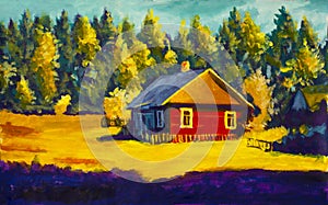 Painting rural village house, sunny landscape, summer landscape against the background of the forest