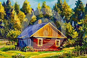 Painting rural village house, sunny landscape, summer landscape against the background of the forest