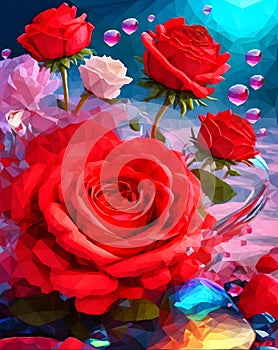 A painting of red roses with water drops and hearts on the background.